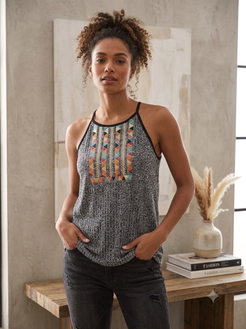 THML x Anthropologie grey ribbed knit tank geometric embroidery boho Large